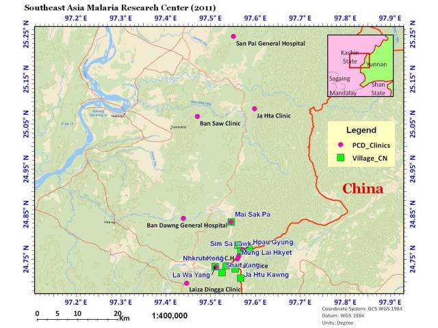 Distribution of study sites of active malaria surveillance (green square) and passive case detection (red dot) in China/Myanmar border 